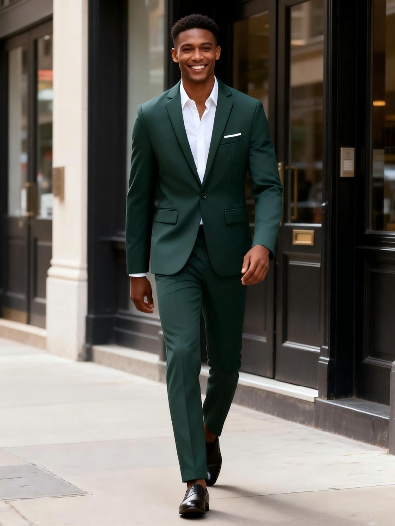 UNINUKOO Mens Suit Slim Fit 1 Button 2 Piece Wedding Party Holiday Solid Color Tux Suits for Men US Size 42 Dark Green - Image 2